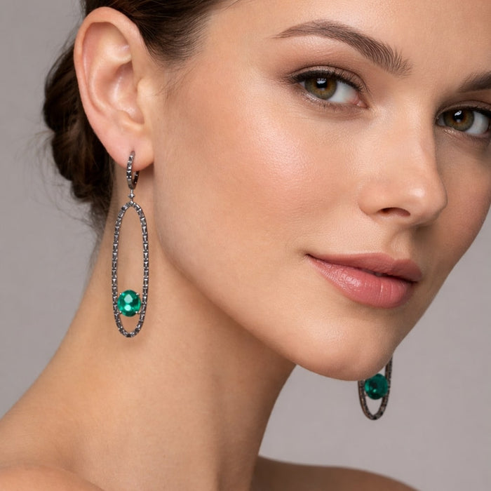 Blackened Oval Drop Green Emerald Earrings in 18K White Gold
