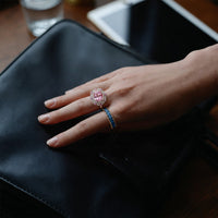 Oval Pink Sapphire Diamond Double Halo Cocktail Ring in 14K Yellow Gold
