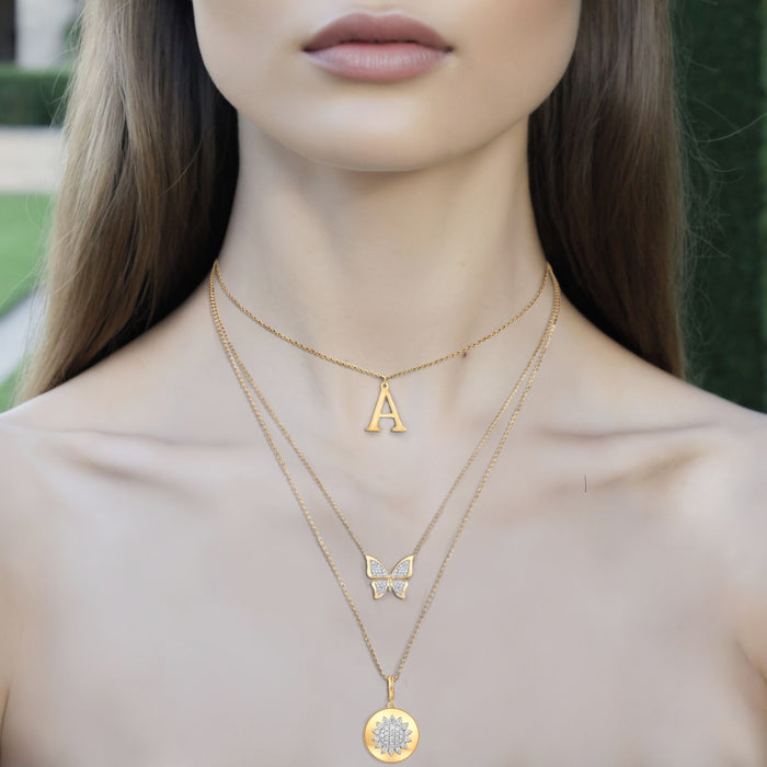 Sunflower Medallion Pendant Diamond Necklace in 14K Yellow Gold