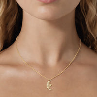 Diamond Crescent Moon Star Necklace in 14K Yellow Gold
