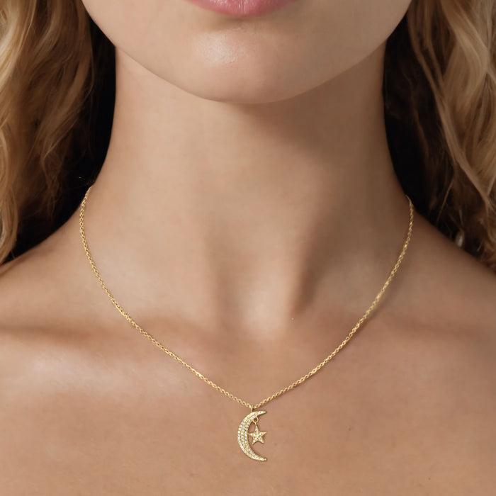 Diamond Crescent Moon Star Necklace in 14K Yellow Gold