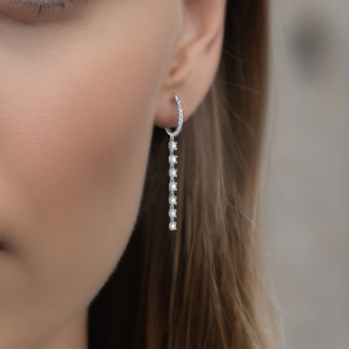 Diamond Huggie Chain Drop Earrings in 14K White Gold