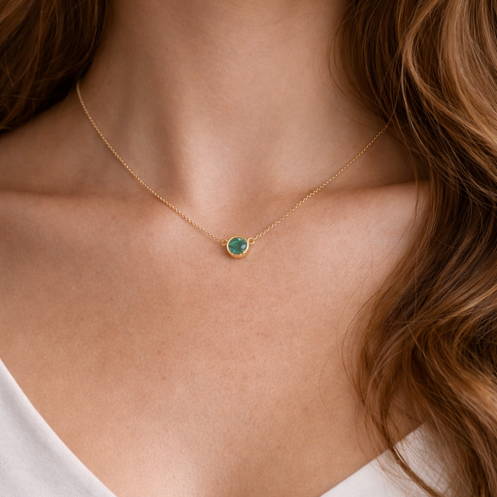 Solitaire Round Emerald Necklace in 14K Yellow Gold