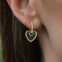Green Malachite Heart Diamond Drop Earrings in 14K Yellow Gold