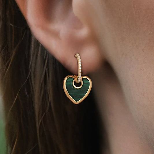 Green Malachite Heart Diamond Drop Earrings in 14K Yellow Gold