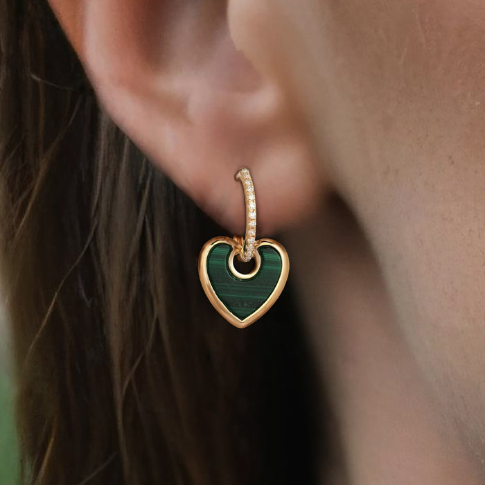 Green Malachite Heart Diamond 14K (or 18k upon request) Yellow Gold Drop Earrings