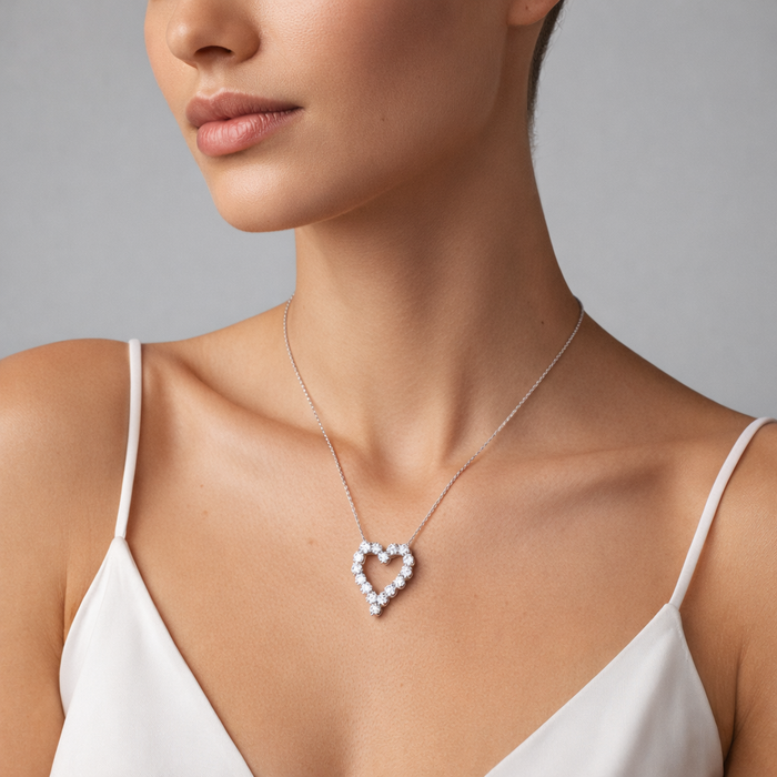 Cushion Cut Open Heart Diamond Necklace in 14K White Gold