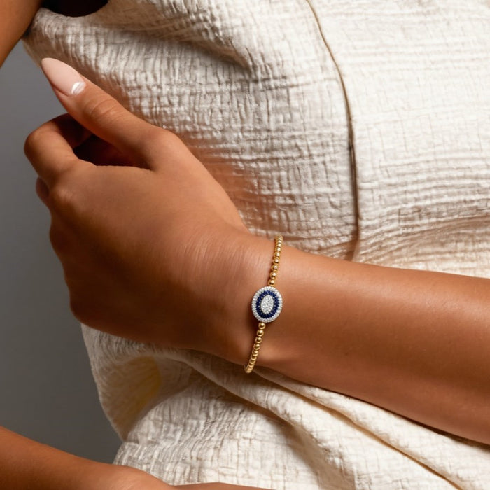 Oval Centerpiece Beaded Bangle Bracelet in 14K Gold