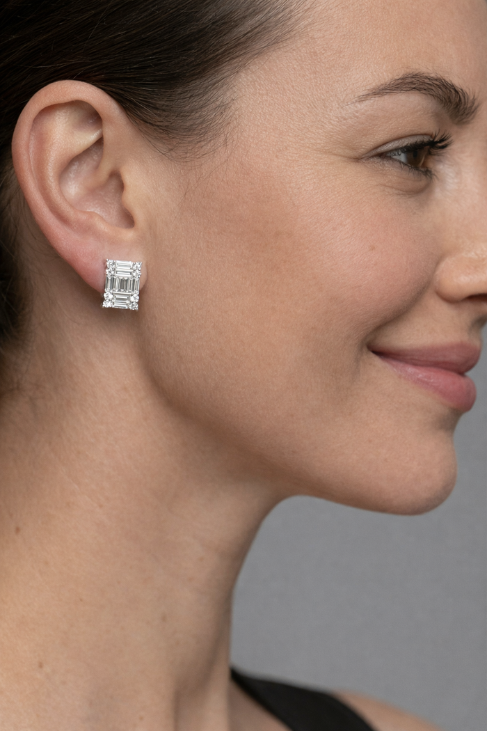 Princess Cut Illusion Diamond Stud Earrings in 18K White Gold