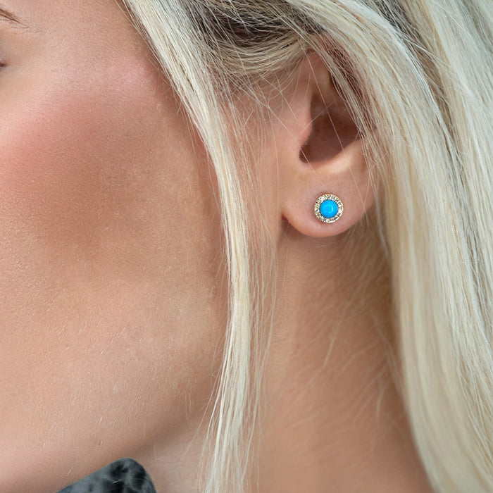 Feminine Turquoise Diamond Stud Earrings in 14K Yellow Gold