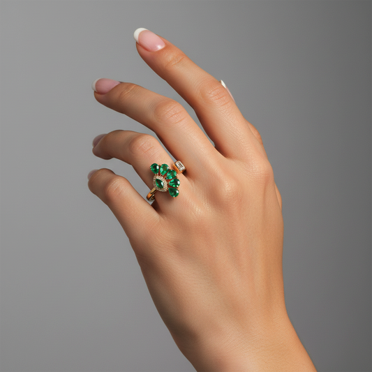 Open Ring Emerald Cluster Diamond Ring in 14K Yellow Gold