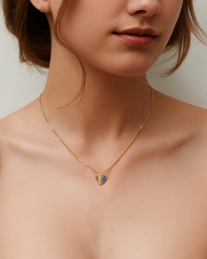 Heart Pave Round Sapphire Necklace in 14K Yellow Gold