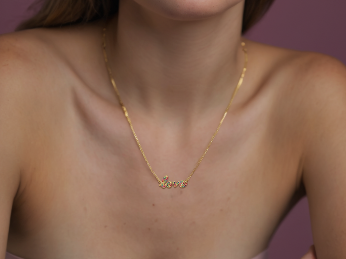 Love Script Pave Sapphire Necklace in 14K Yellow Gold