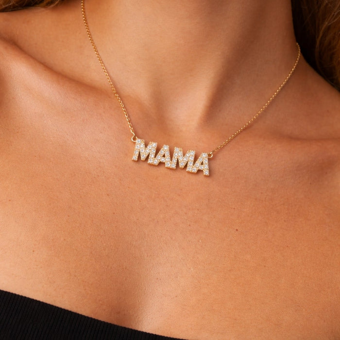 Mama Block Diamond Necklace in 14K Yellow Gold