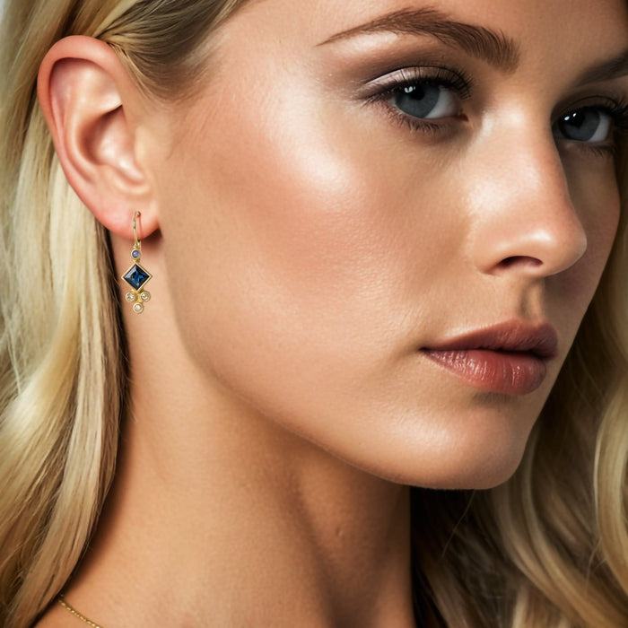 Princess Cut Sapphire Diamond (or 18k upon request) 14K Yellow Gold Drop Earrings