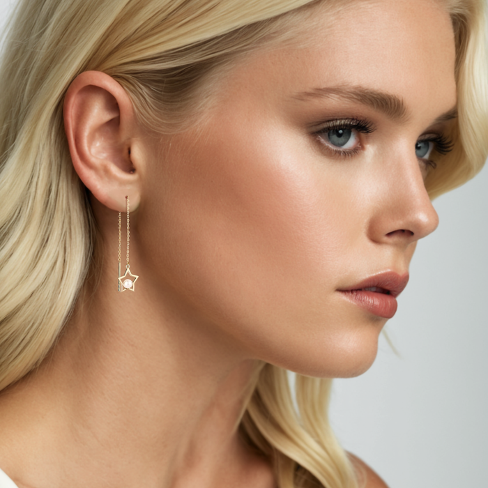 Open Star Freshwater Pearl Threader Earrings in 14K Yellow Gold