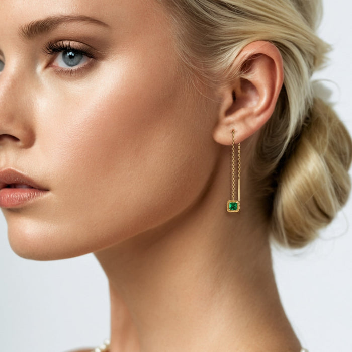Square Emerald Threader Earrings in 14K Yellow Gold