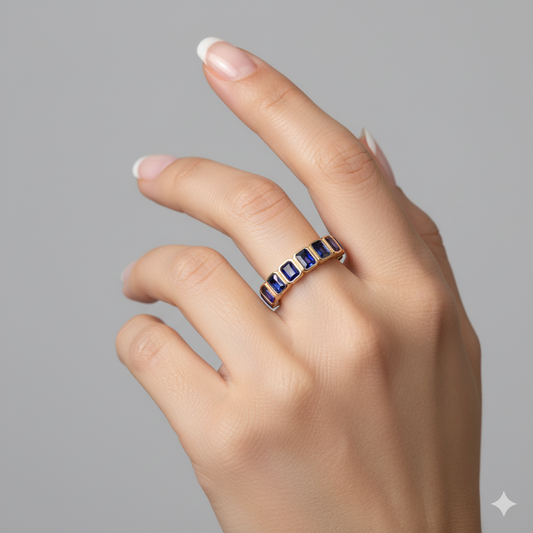 Band Ring Emerald Cut Blue Sapphire Ring in 14K Yellow Gold