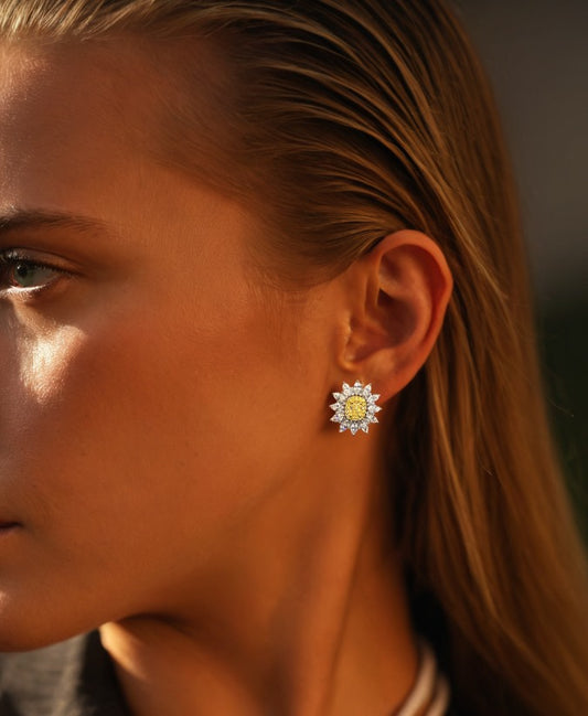 Sunflower Yellow & White Stud Earrings in 14K White Gold