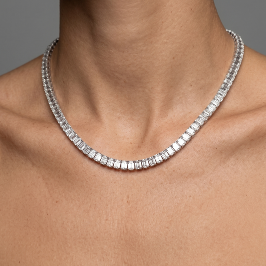Emerald Cut Lab Diamond Tennis Necklace in 14K White Gold