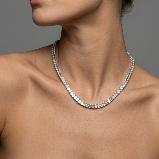 Emerald Cut Lab Diamond Tennis Necklace in 14K White Gold