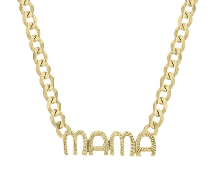 Cuban Chain Letter Mama Necklace in 14K Yellow Gold