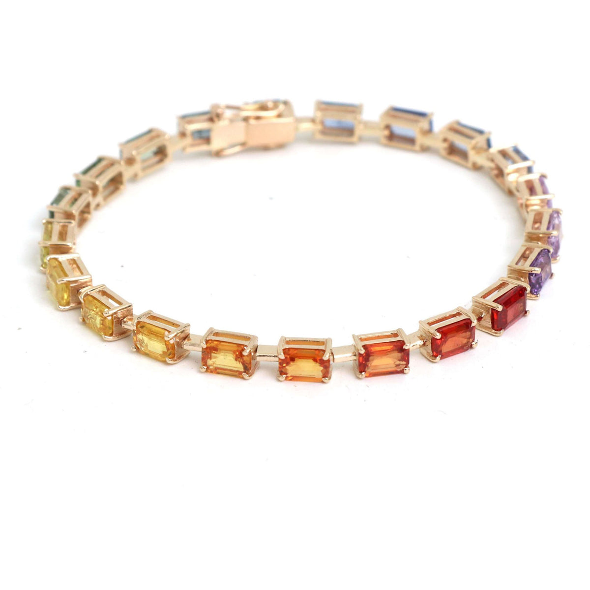 Rainbow Sapphire Emerald-Cut 14K Gold Tennis Bracelet