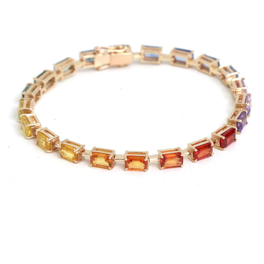 Rainbow Sapphire Emerald-Cut 14K Gold Tennis Bracelet