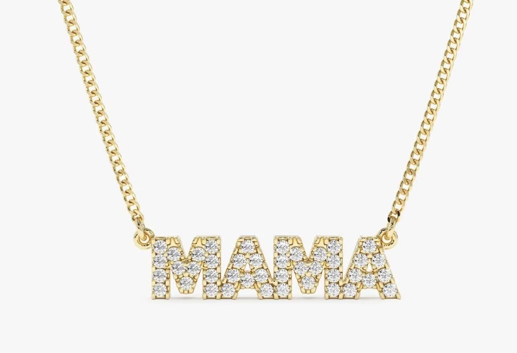 Mama Block Diamond Necklace in 14K Yellow Gold