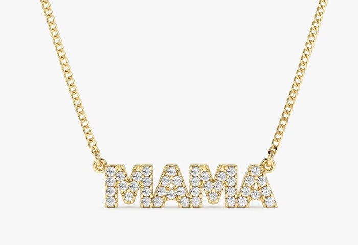 Mama Block Diamond Necklace in 14K Yellow Gold