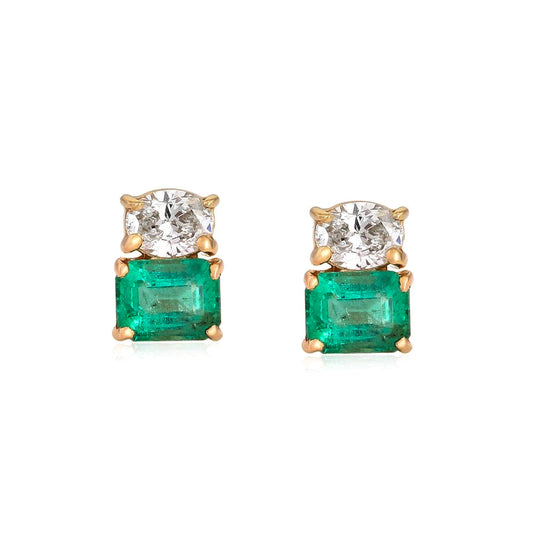 Green Emerald 14K Yellow Gold Diamond Duo Stud Earrings