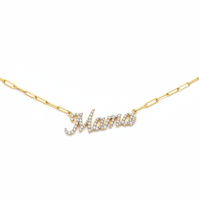 Mama Script Pave Diamond Pendant Necklace in 14K Yellow Gold