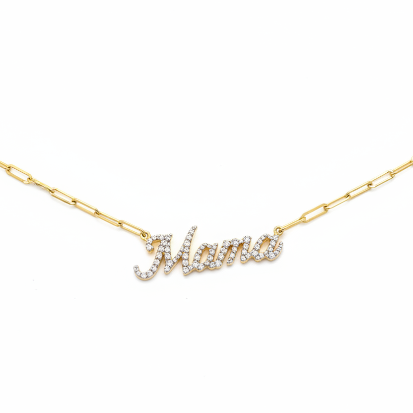 Mama Script Pave Diamond Pendant Necklace in 14K Yellow Gold