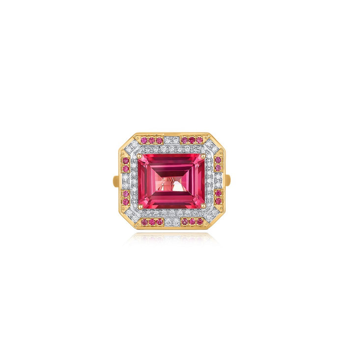 Pink Sapphire Tourmaline Diamond Halo Ring in 14K Yellow Gold