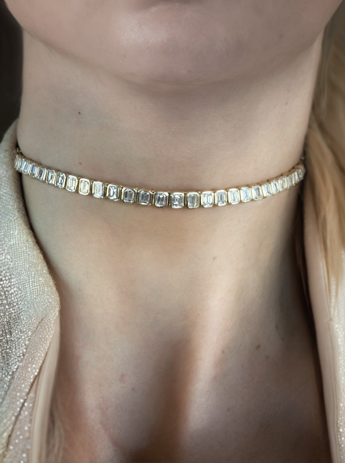 Emerald Cut Diamond Tennis Link Choker in 14K Yellow Gold