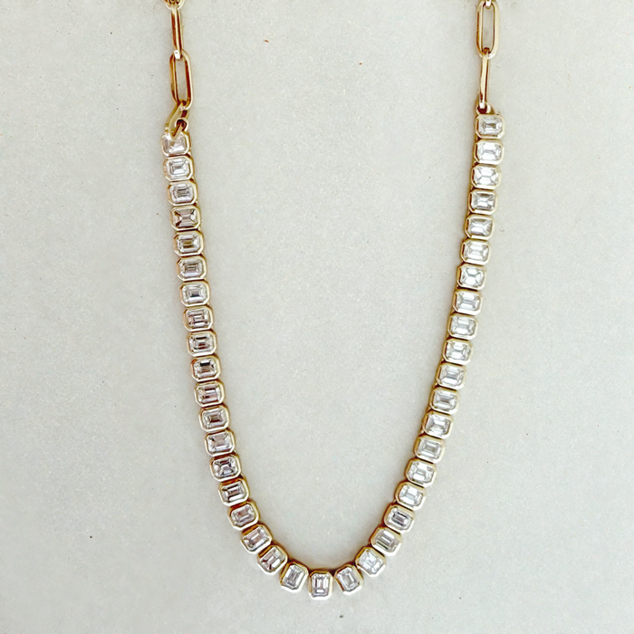 Emerald Cut Diamond Tennis Link Choker in 14K Yellow Gold