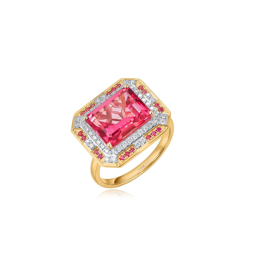Pink Sapphire Tourmaline Diamond Halo Ring in 14K Yellow Gold