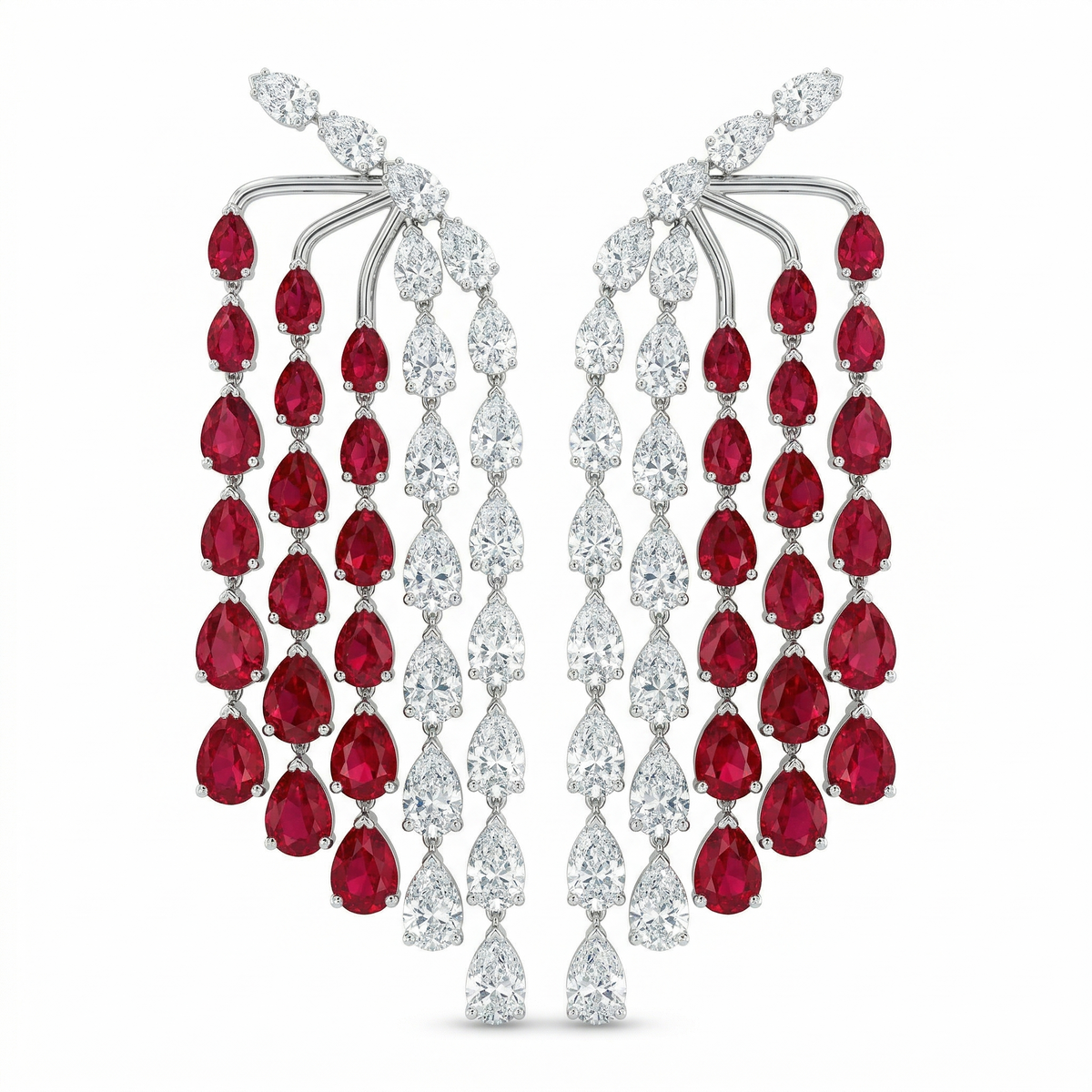 Ruby Red & White 14K White Gold Drop Earrings