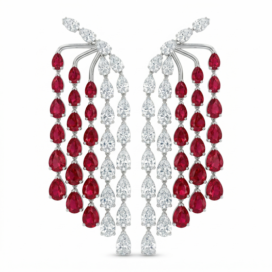 Ruby Red & White 14K White Gold Drop Earrings