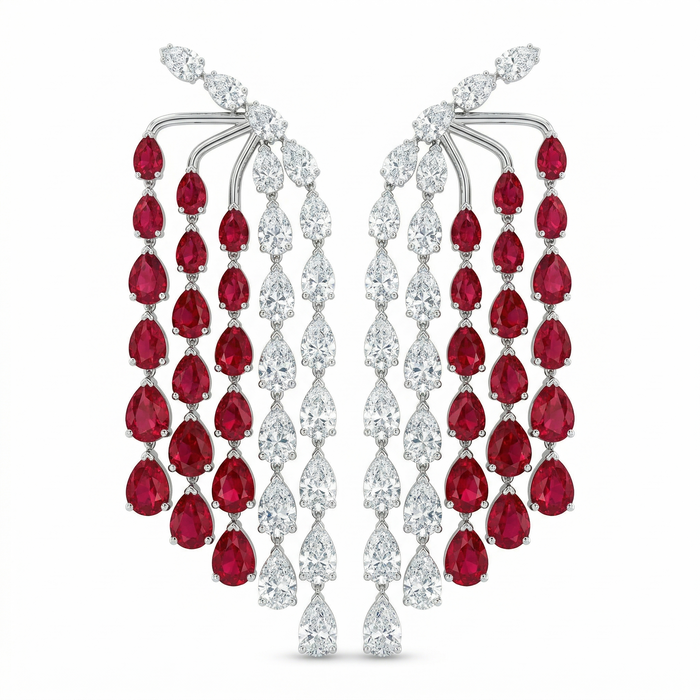 Ruby Red & White 14K White Gold Drop Earrings