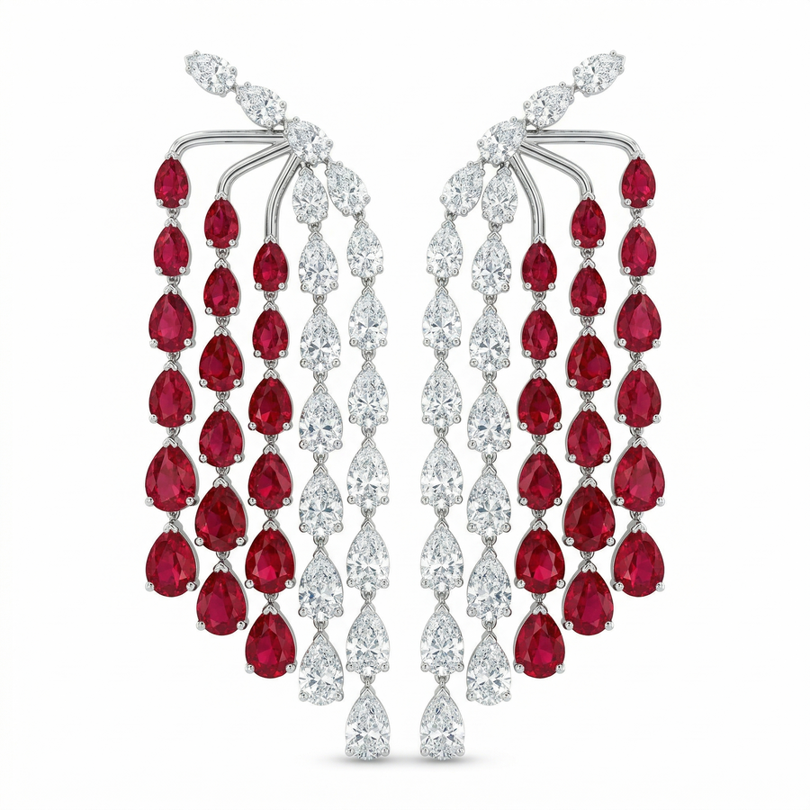 Ruby Red & White 14K White Gold Drop Earrings