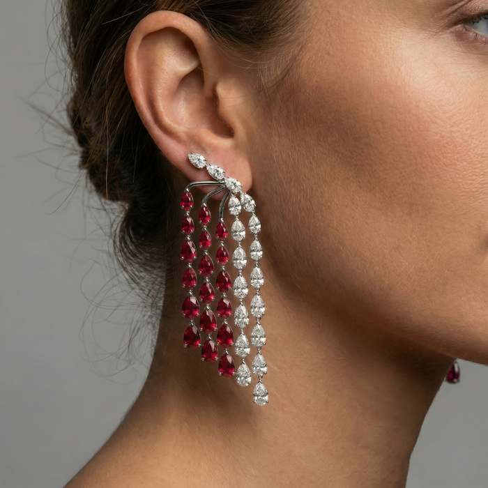 Ruby Red & White 14K White Gold Drop Earrings