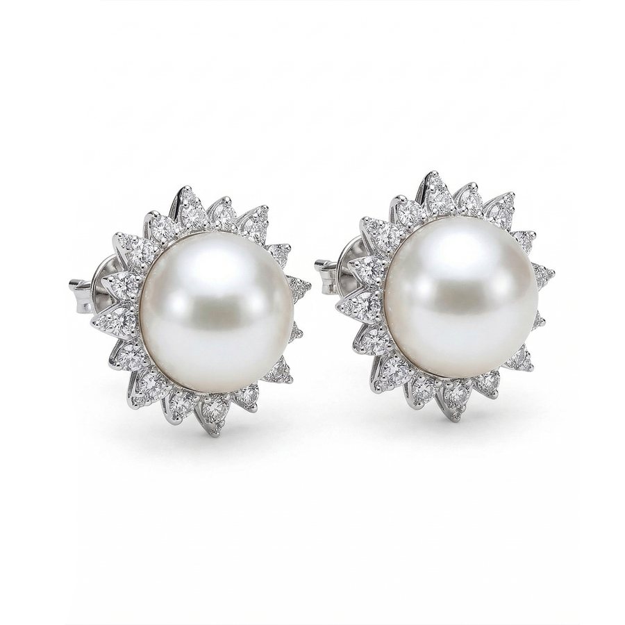 Pearl Halo 14K White Gold Statement Diamond Earrings