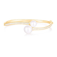 Double Pearl Diamond Open Bangle Bracelet in 14K Yellow Gold