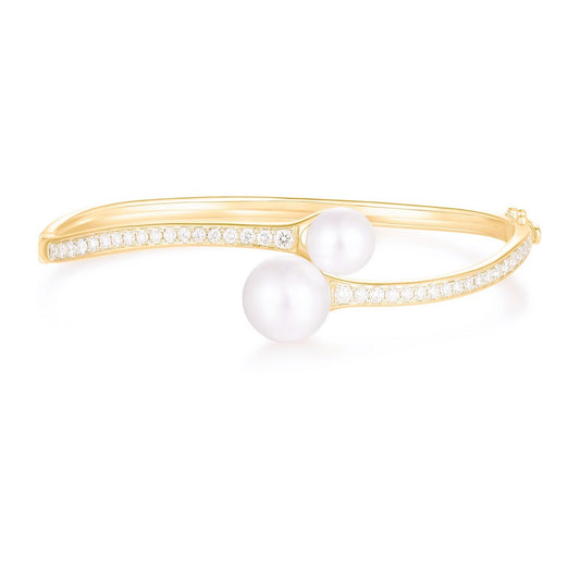 Double Pearl Diamond Open Bangle Bracelet in 14K Yellow Gold