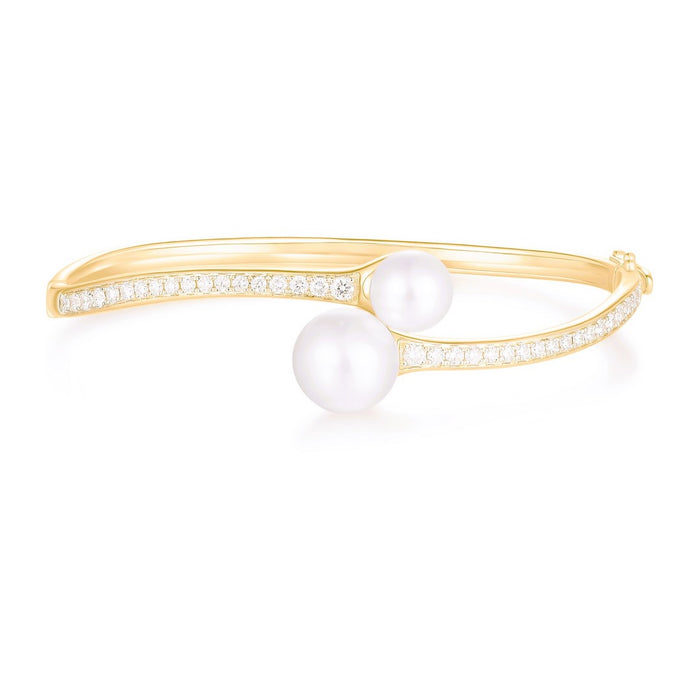 Double Pearl Diamond Open Bangle Bracelet in 14K Yellow Gold