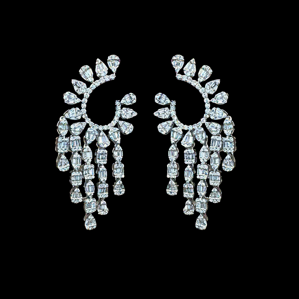 Chandelier Pear Marquise Diamond Statement Earrings in 18K White Gold