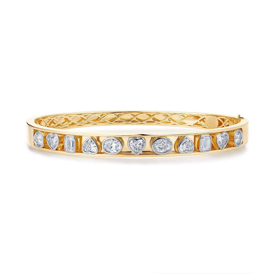 Multi Shape Diamond Bezel Set Bangle Bracelet in 14K Yellow Gold