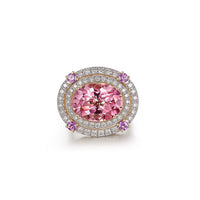 Oval Pink Sapphire Diamond Double Halo Cocktail Ring in 14K Yellow Gold