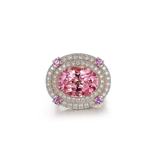 Oval Pink Sapphire Diamond Double Halo Cocktail Ring in 14K Yellow Gold